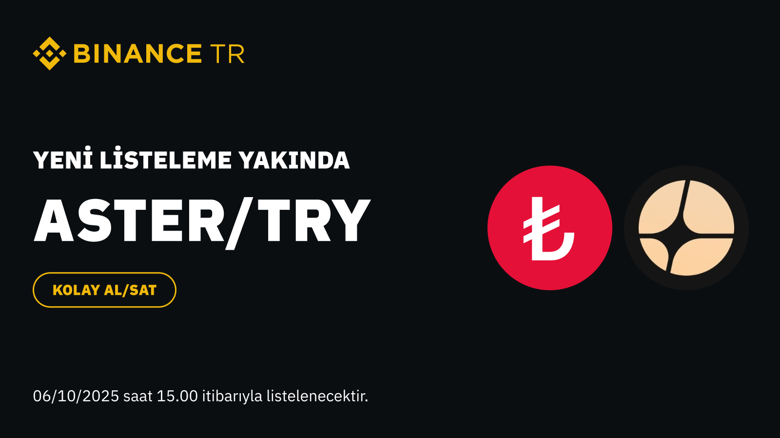 Binance TR, ASTER (Aster)'i TRY İşlem Çiftinde Listeleyecek